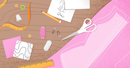 Top view at tailoring items concept. Cloth, pencil, rags, scissors and tape measure on table. Seamstress and atelier inventory, equipment for workshop. Cartoon flat vector illustration