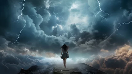 Rolgordijnen woman going through chaos in the storm © Dee