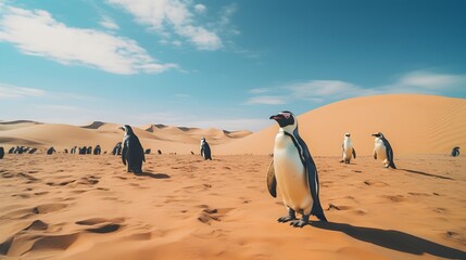 Lost Penguins finding their way through the Arid Sahara Desert 