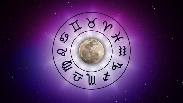 Astrological zodiac signs inside of horoscope circle on universe background