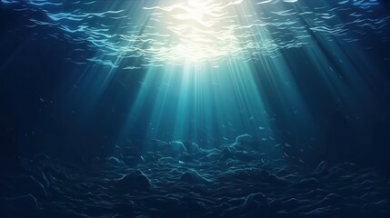 Fototapeta na wymiar Dark blue ocean surface seen from underwater. Illustration of sun light rays under water. The relief of the seabed through the water column. Design for banner, poster, cover, brochure or presentation.