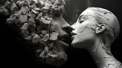 Fototapeta premium Beauty and the Beast were locked in a kiss. Relationship destruction concept. Surreal art. Sculpture splitting head. Illustration for cover, card, postcard, interior design, decor or print.