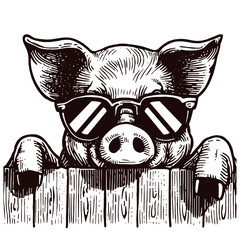 cool pig in sunglasses peering out from behind a fence illustration