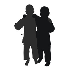 Silhouette image of children of judoists, judoka. Judo, martial art, sportsmanship, wrestling, duel, grappling, combating, fighting, struggle .