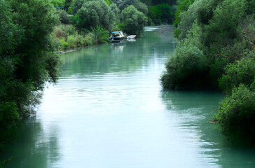 barche nel fiume con fitta vegetazione che attraversa la citta 