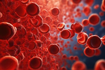Fototapeta 3d rendering of red blood cells in vein with depth of field, A 3D rendering of a blood vessel with blood cells flowing in one direction, AI Generated obraz