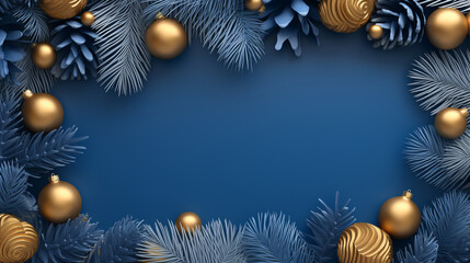 A festive Christmas background with blue and gold ornaments