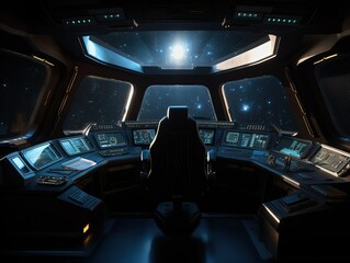 Futuristic Spaceship interior with view on Earth