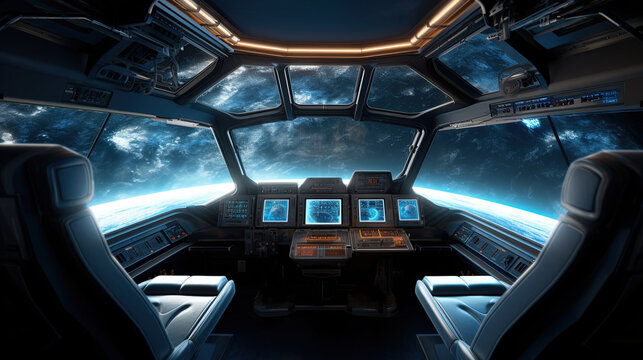 Futuristic Spaceship interior with view on Earth