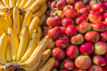 Fresh bananas and apples at a market in a village of Jammu and Kashmir.