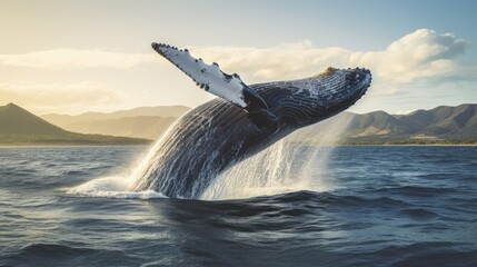 Whale Jumping From Open Water in Sea Under Blue Cloudy Sky With Bright Sun