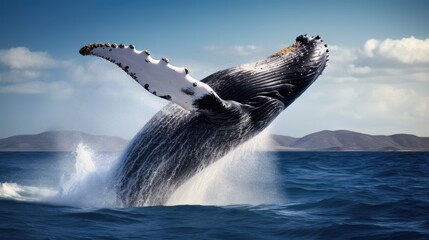 Whale Jumping From Open Water in Sea Under Blue Cloudy Sky With Bright Sun