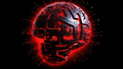 Brain shaped robot head with red lights and hot pixels with copy space for text