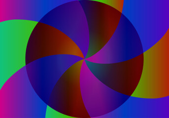 Composición abstracta con círculo y hélice en tonos azul, morado , verde y rojo degradado