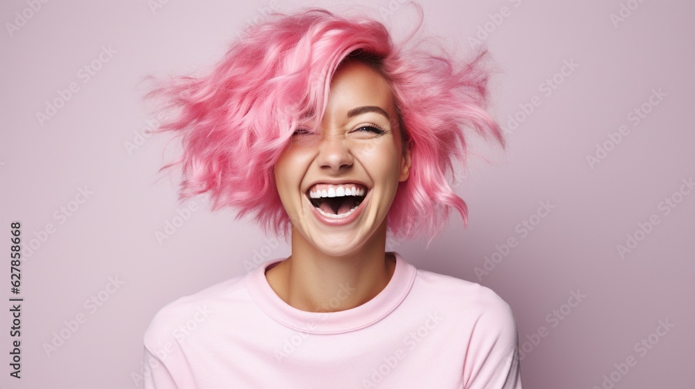 Wall mural young laughing woman with pastel pink hair, tongue sticking out, blue eyes, peace gestures funny fac