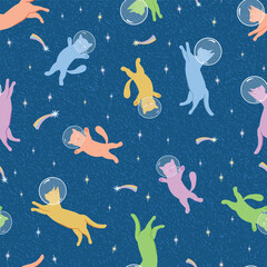 Obraz na płótnie Canvas Seamless vector pattern cute yellow pink green cats in starry night space astronaut cats textile