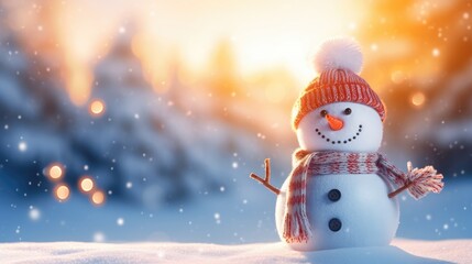 Christmas winter background. Snowman standing on the snow bokeh by sunlight. copy space