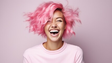 young laughing woman with pastel pink hair, tongue sticking out, blue eyes, peace gestures funny...