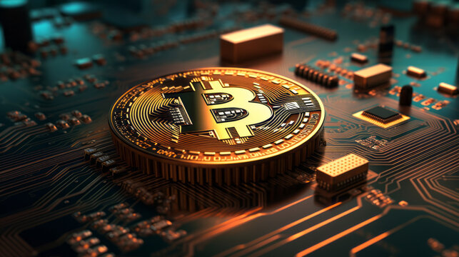 Gold Bitcoin integrated into a microcircuit abstract background