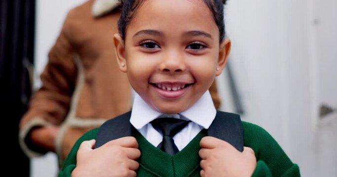 Girl, face and first day of school with smile, excited or start for education, goal or future with mom in background, Kid, pride and happy for learning with uniform, backpack and portrait in morning
