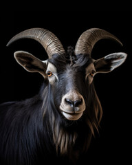 Generated photorealistic image of a black horned domestic goat with short horns 