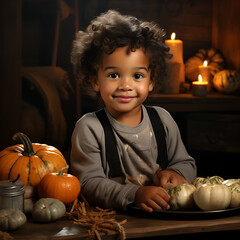 Fototapeta premium Child, Thanksgiving, pumpkins created with generative IA technologie 
