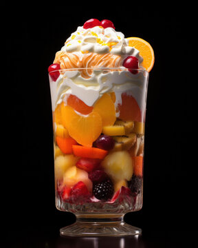 Generated photorealistic image of a fruit salad in a tall glass