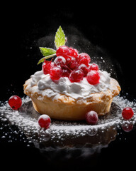 Generated photorealistic image of a small shortcrust pastry basket with cream, red currants and mint