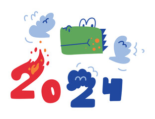 Handwritten date lettering design concept. Cute mascot. Vector illustration in flat geometric style. Stylized dragon head. Symbol of 2024. Smoke escaping from the dragon's nostrils. Burning text