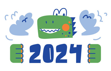 Handwritten date lettering design concept. Cute mascot. Vector illustration in flat geometric style. Stylized dragon head. Symbol of 2024. Smoke escaping from the dragon's nostrils.