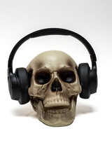 human head skeleton with headphones