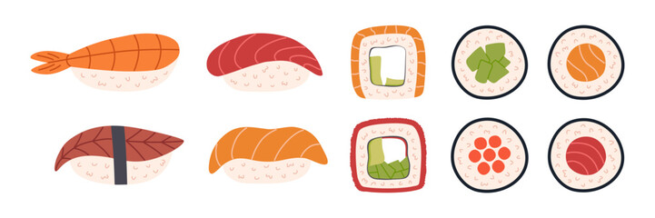 Japanese sushi set. Collection of different nigiri and sushi rolls. Asian food. Hand-drawn colored flat vector illustration isolated on white background.
