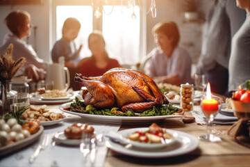 Happiness and dining: family thanksgiving with turkey - obrazy, fototapety, plakaty