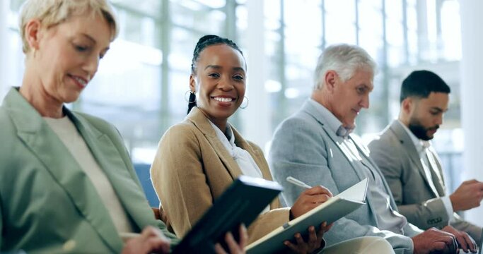 Face, business woman and waiting room or lobby for opportunity, notebook planner and job interview schedule. Happy corporate portrait of people in diversity, human resources and recruitment notes