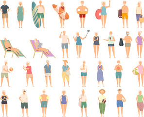 Elderly people on the beach icons set cartoon vector. Active senior. Age family