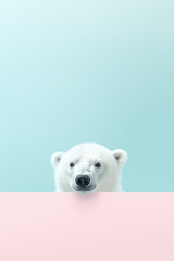 Greeting card, polar bear peeking, pastel background, copy space