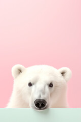Greeting card, polar bear peeking, pastel background, copy space