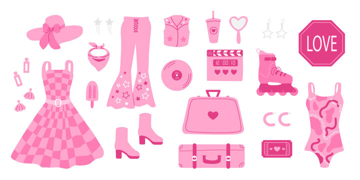Glamorous trendy barbiecore set. Nostalgic pinkcore 2000s style