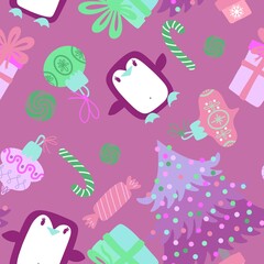 Christmas cartoon animals seamless penguin and gift box and candy pattern for wrapping paper and fabrics