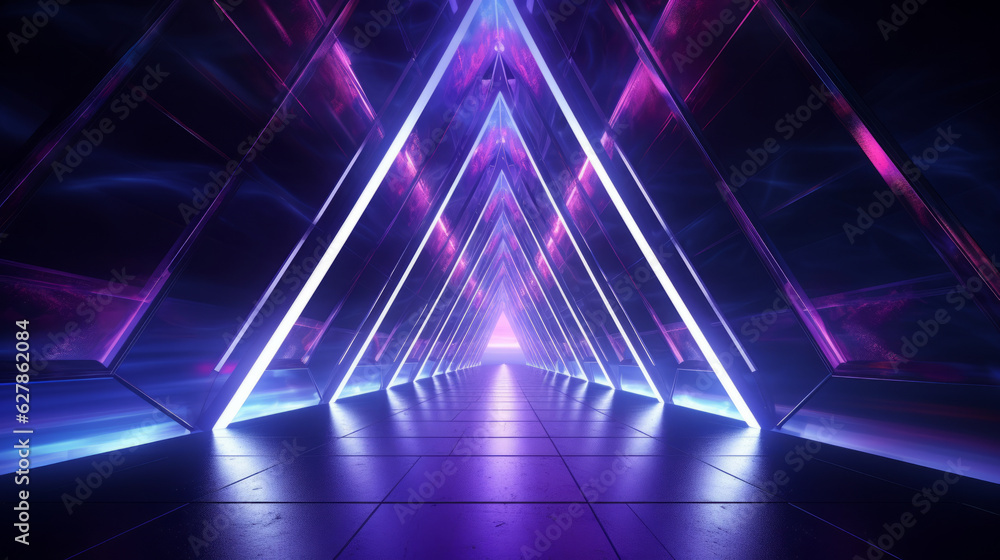 Poster a mesmerizing tunnel of neon lights in a mysterious dark room