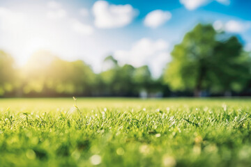 Beautiful blurred background image of spring nature with sunny sky. Green nature and blue skies.