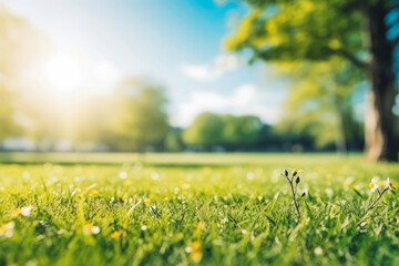 Beautiful blurred background image of spring nature with sunny sky. Green nature and blue skies. - Powered by Adobe