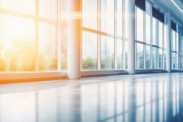 Beautiful blurred background of a light modern office. Empty big modern office with big windows and sunlight.