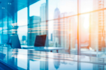Beautiful blurred background of a light modern office. Empty big modern office with big windows and sunlight.