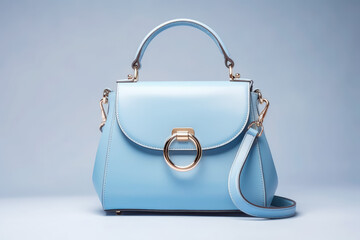 Beautiful trendy smooth youth women's handbag in gentle baby blue colour on plain background