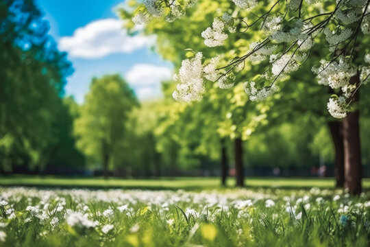 Beautiful blurred spring background image of blooming trees with sunny sky. Green nature and blue skies.