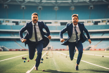 Business competition concept photo. Running on athletic stadium. - obrazy, fototapety, plakaty