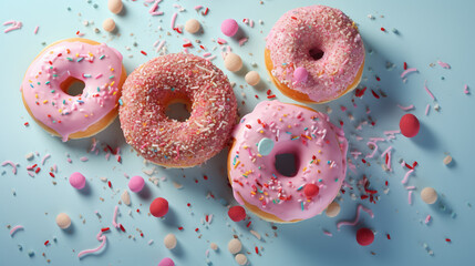 Sweet Sprinkle Glazed Donuts with Dripping Pastel Frosting/Icing - Closeup on Pop Art Pastel Colored Backdrop - Generative AI