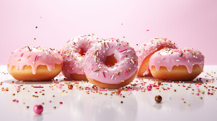 Sweet Sprinkle Glazed Donuts with Dripping Pastel Frosting/Icing - Closeup on Pop Art Pastel Colored Backdrop - Generative AI