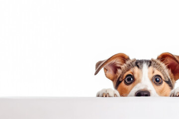 Cats and dogs peeking over white edge. Web banner. Cute pets. White background. - obrazy, fototapety, plakaty
